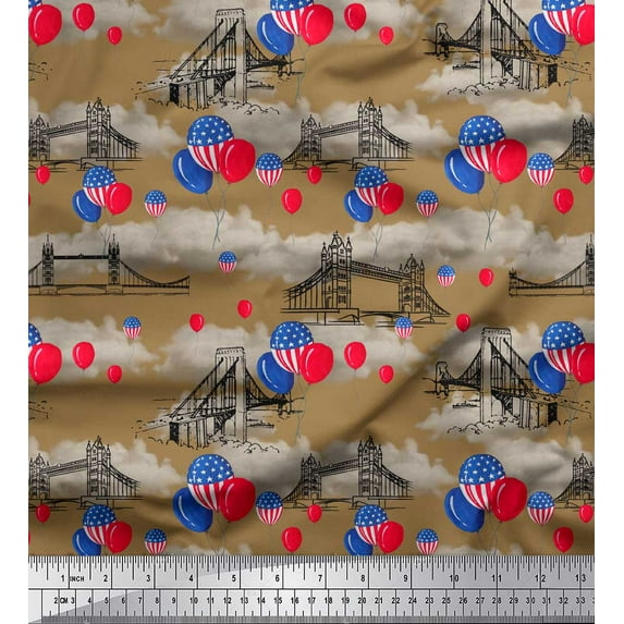 Soimoi Brown Cotton Voile Fabric Balloon & London Bridge Architectural Print Fabric by the Yard 42 Inch Wide