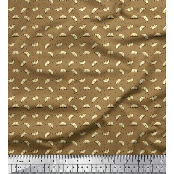 Soimoi Brown Cotton Voile Fabric Books,Alphabets & Numbers Symbol Printed Craft Fabric by the Yard 42 Inch Wide
