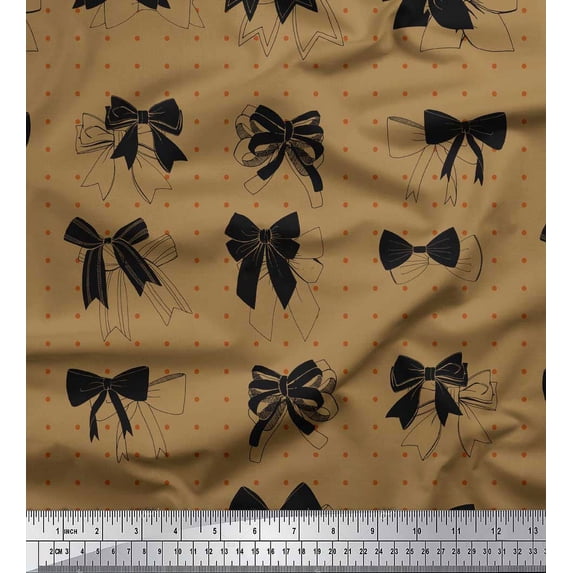Soimoi Brown Cotton Voile Fabric Bow & Dots Printed Fabric 1 Yard 42 Inch Wide