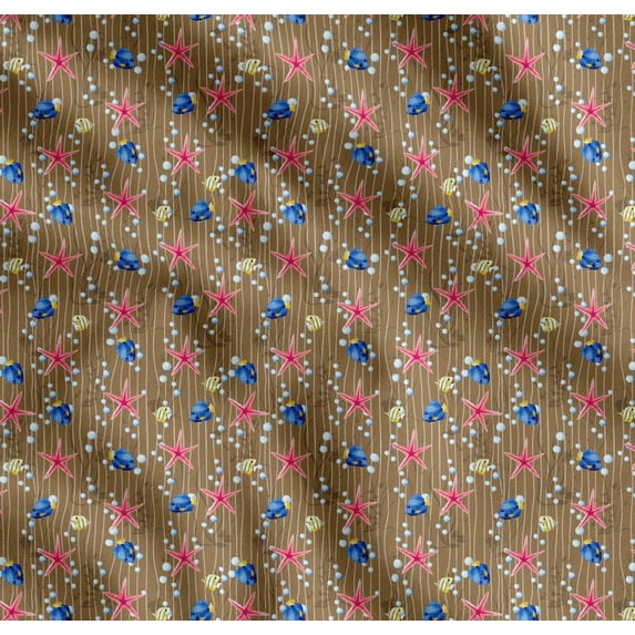 Soimoi Brown Cotton Voile Fabric Bubbles,Starfish & Tangfish Ocean Fabric Prints By Yard 56 Inch Wide