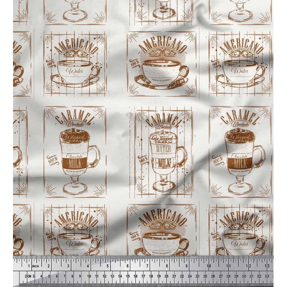 Soimoi Brown Cotton Voile Fabric Caramel & Americano Coffee Beverages Print Fabric by the Yard 56 Inch Wide