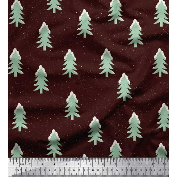 Soimoi Brown Cotton Voile Fabric Christmas Tree Print Fabric by the Yard 42 Inch Wide