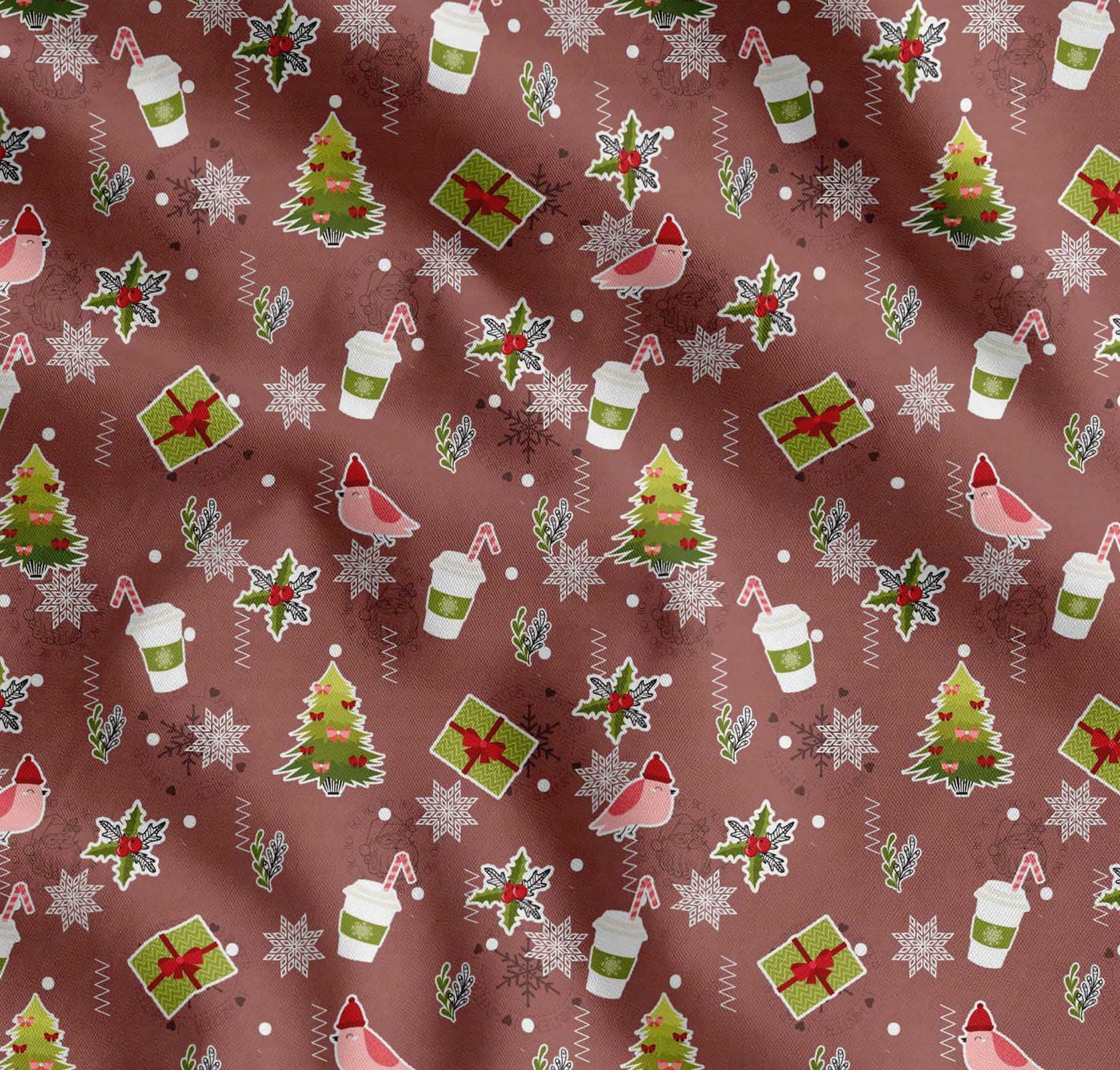 Soimoi Brown Cotton Voile Fabric Coffee Cup,Gift Box & Tree Christmas Print Fabric by the Yard 56 Inch Wide