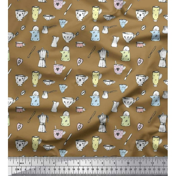 Soimoi Brown Cotton Voile Fabric Cup,Kettle & Mixer Jar Kitchen Print Sewing Fabric Yard 42 Inch Wide