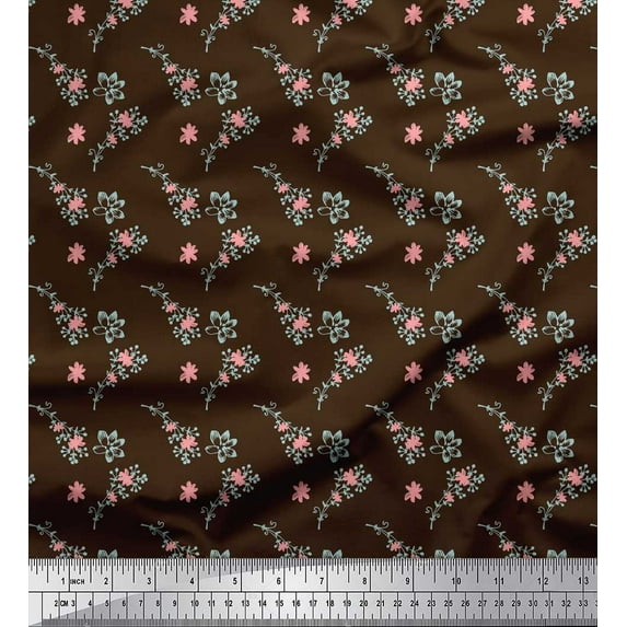 Soimoi Brown Cotton Voile Fabric Flower Bud Floral Printed Craft Fabric by the Yard 56 Inch Wide