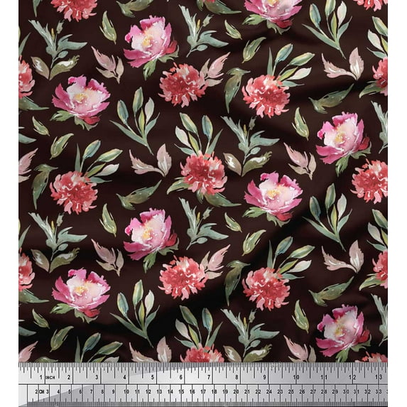 Soimoi Brown Cotton Voile Fabric Leaves & Peony Floral Fabric Prints By Yard 42 Inch Wide