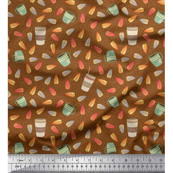 Soimoi Brown Cotton Voile Fabric Leaves,Tea Cup & Coffee Beverages Printed Fabric 1 Yard 56 Inch Wide