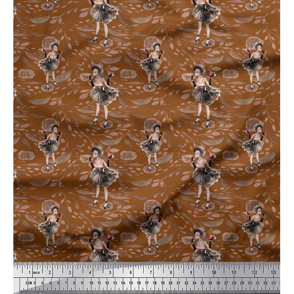 Soimoi Brown Cotton Voile Fabric Leaves,Women & Lipstick Fashion Decor Fabric Printed Yard 42 Inch Wide