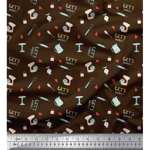 Soimoi Brown Cotton Voile Fabric Lets Bake Kitchen Print Fabric by the Yard 42 Inch Wide