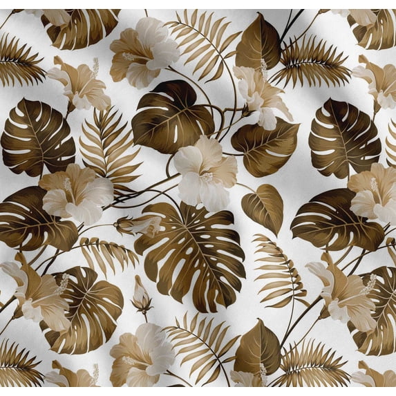 Soimoi Brown Cotton Voile Fabric Monstera Leaf & Floral Print Fabric by the Yard 42 Inch Wide