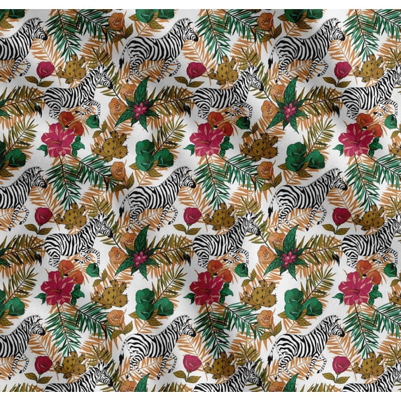 Soimoi Brown Cotton Voile Fabric Tropical Leaves & Wild Animal Print Sewing Fabric BTY 42 Inch Wide