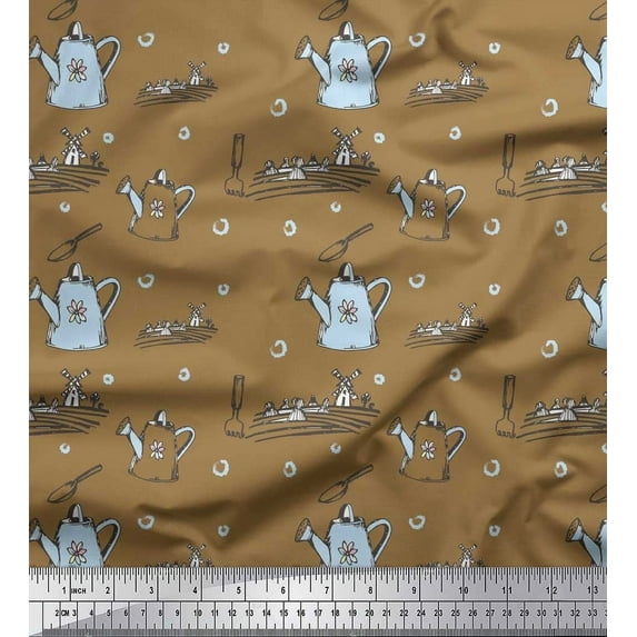 Soimoi Brown Cotton Voile Fabric Windmill & Watering Can Garden Accessories Print Sewing Fabric Yard 42 Inch Wide