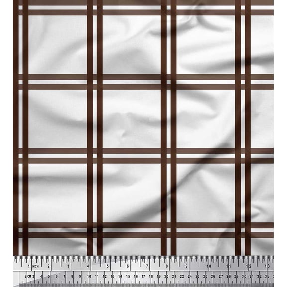 Soimoi Brown Cotton Voile Fabric Window Pane Check Decor Fabric Printed Yard 42 Inch Wide