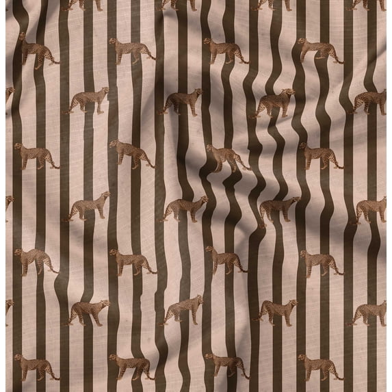 Soimoi Brown Fabric - By the Yard - 56 Inch Wide - Stripe & Jumping Leopard Animal Pattern Textile - Bold Stripes with the Energetic Leap of a Leopard Printed Fabric