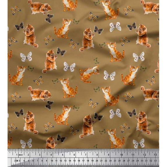 Soimoi Brown Georgette Viscose Fabric Insect & Cat Animal Print Sewing Fabric BTY 42 Inch Wide