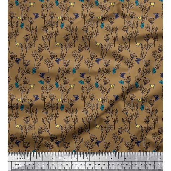 Soimoi Brown Georgette Viscose Fabric Insect & Floral Artistic Decor Fabric Printed BTY 42 Inch Wide