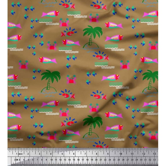 Soimoi Brown Georgette Viscose Fabric Palm Tree,Crab & Fish Ocean Fabric Prints By Yard 42 Inch Wide