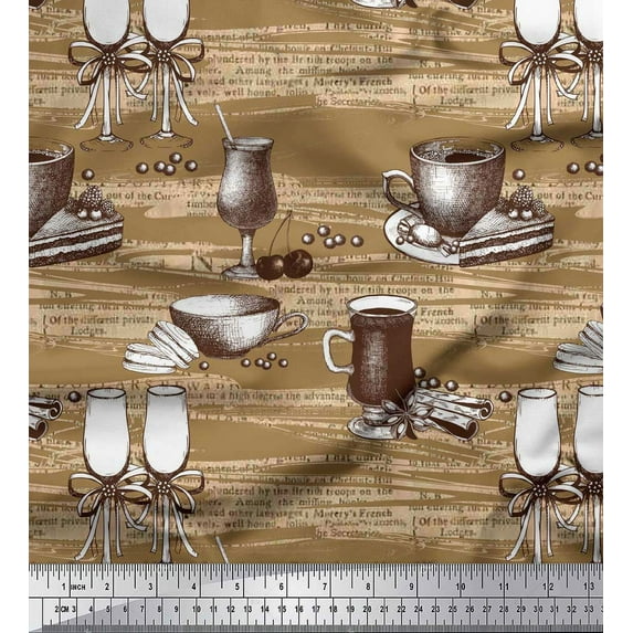 Soimoi Brown Georgette Viscose Fabric Wine Glass & Cup Kitchen Print Sewing Fabric Yard 42 Inch Wide