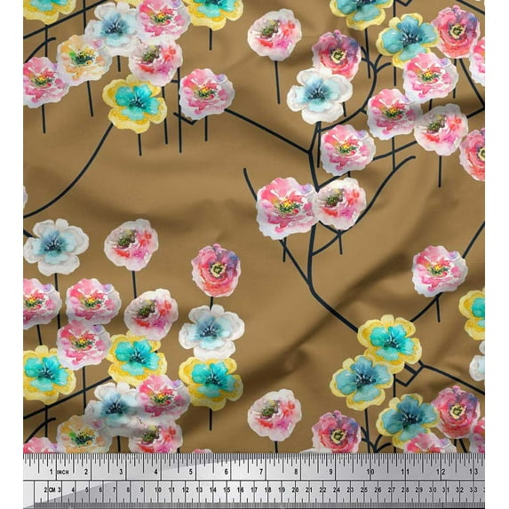 Soimoi Brown Heavy Canvas Fabric Peony Floral Print Fabric by the Yard 58 Inch Wide