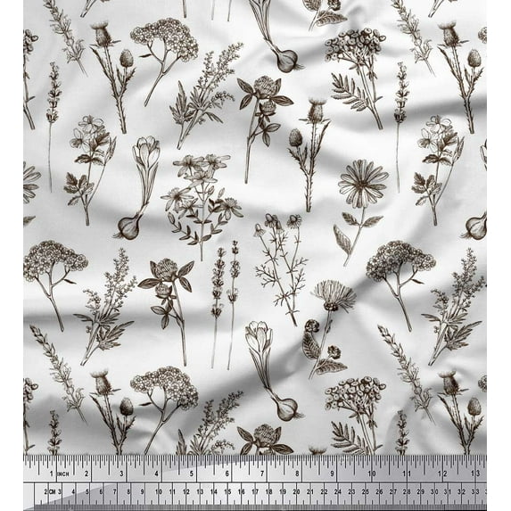 Soimoi Brown Heavy Satin Fabric Leaves & Primrose Floral Print Fabric by Yard 54 Inch Wide