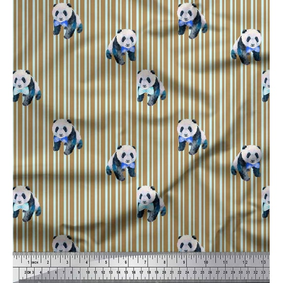 Soimoi Brown Heavy Satin Fabric Panda & Stripe Print Fabric by the Yard 54 Inch Wide