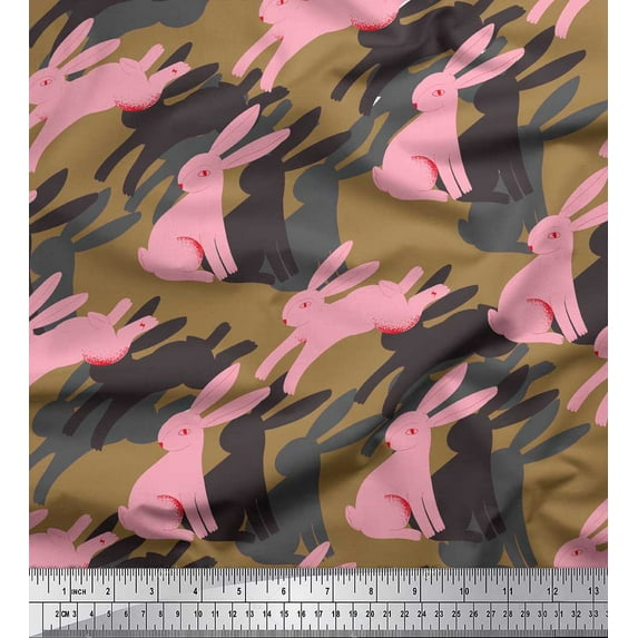 Soimoi Brown Japan Crepe Satin Fabric Bunny Rabbit Animal Print Fabric by the Yard 42 Inch Wide