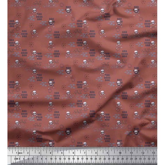 Soimoi Brown Japan Crepe Satin Fabric Crossbone & Skull Halloween Fabric Prints By Yard 42 Inch Wide