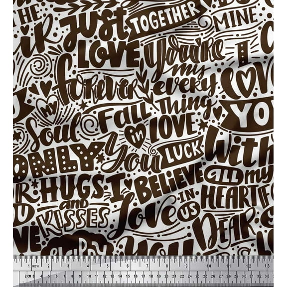 Soimoi Brown Japan Crepe Satin Fabric Just Love Forever Text Print Sewing Fabric Yard 42 Inch Wide