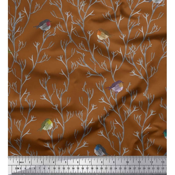 Soimoi Brown Moss Georgette Fabric Branch & Flycatcher Bird Printed Fabric 1 Yard 42 Inch Wide