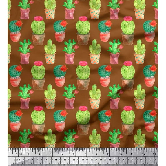 Soimoi Brown Moss Georgette Fabric Cactus With Conical Pot Tree Printed Fabric 1 Yard 42 Inch Wide