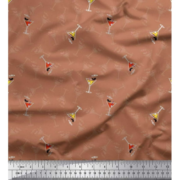Soimoi Brown Moss Georgette Fabric Glass,Straw & Drinks Summer Designs Print Fabric by Yard 42 Inch Wide
