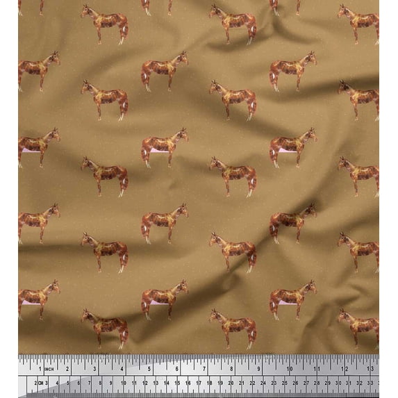 Soimoi Brown Moss Georgette Fabric Horse & Dot Animal Printed Fabric 1 Yard 44 Inch Wide