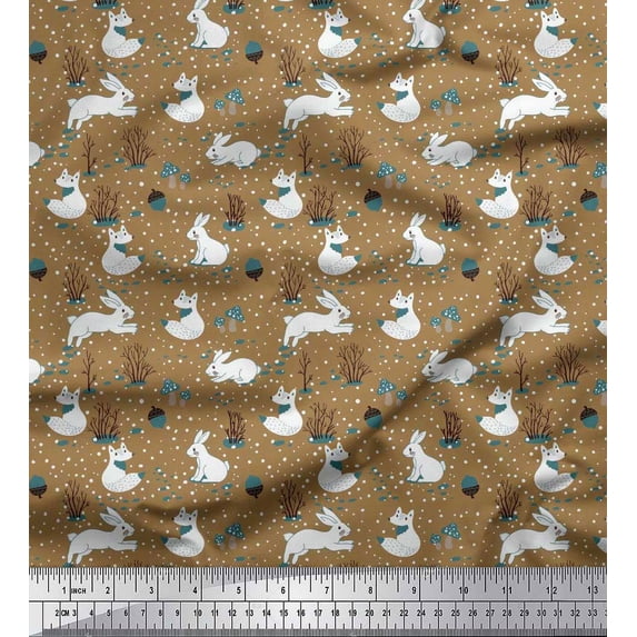 Soimoi Brown Moss Georgette Fabric Mushroom,Oaknut & Rabbit Animal Print Sewing Fabric BTY 42 Inch Wide
