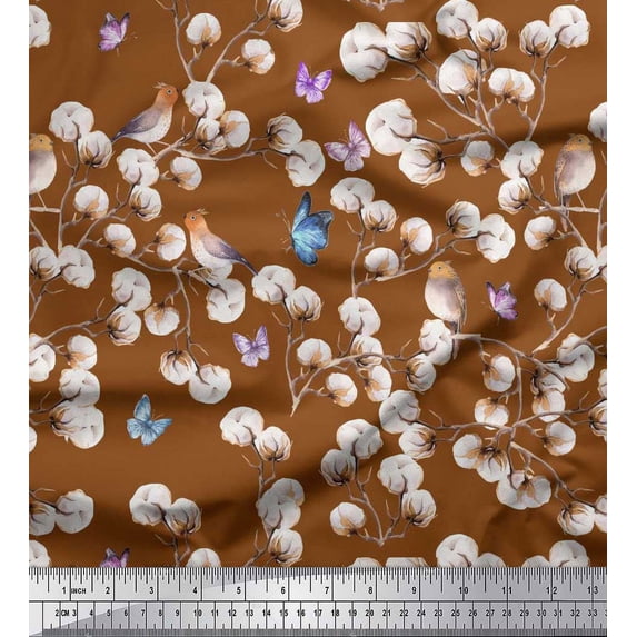 Soimoi Brown Poly Georgette Fabric Butterfly,Robin & Cotton Ball Floral Printed Fabric 1 Yard 42 Inch Wide