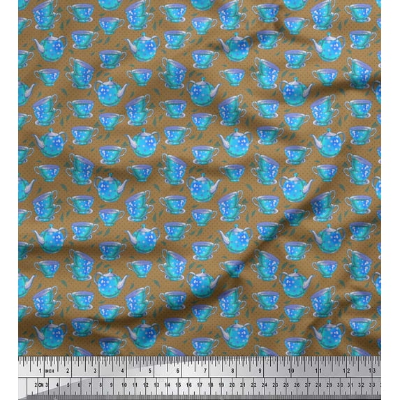 Soimoi Brown Poly Georgette Fabric Dot,Cup & Kettle Kitchen Print Fabric by the Yard 52 Inch Wide