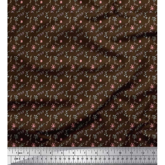 Soimoi Brown Poly Georgette Fabric Floral & Leaves Print Sewing Fabric Yard 42 Inch Wide