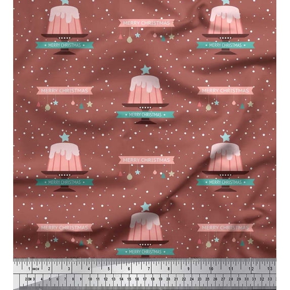 Soimoi Brown Rayon Crepe Fabric Cake & Ornaments Christmas Printed Craft Fabric by the Yard 46 Inch Wide
