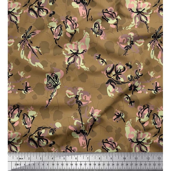 Soimoi Brown Rayon Crepe Fabric Dragonfly,Floral & Texture Printed Fabric 1 Yard 46 Inch Wide