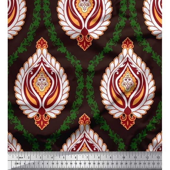 Soimoi Brown Rayon Crepe Fabric Floral Damask Print Fabric by the Yard 46 Inch Wide