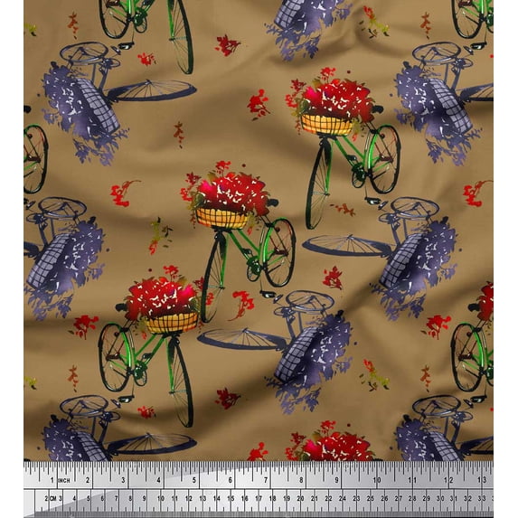 Soimoi Brown Rayon Crepe Fabric Flower Basket & Bicycle Transport Print Fabric by Yard 46 Inch Wide