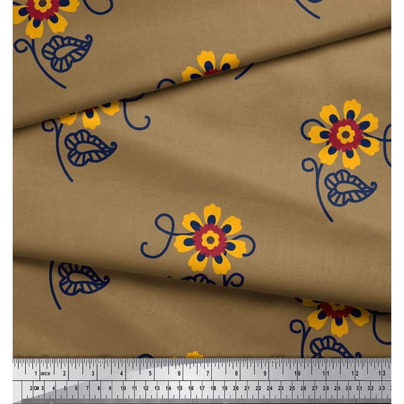 Soimoi Brown Rayon Crepe Fabric Leaves & Floral Ethnic Print Fabric by the Yard 46 Inch Wide