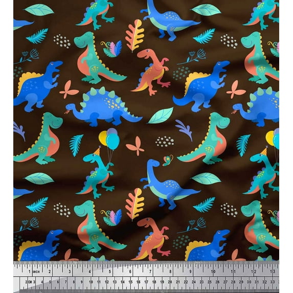 Soimoi Brown Rayon Fabric Balloon & Dinosaur Kids Print Fabric by the Yard 56 Inch Wide