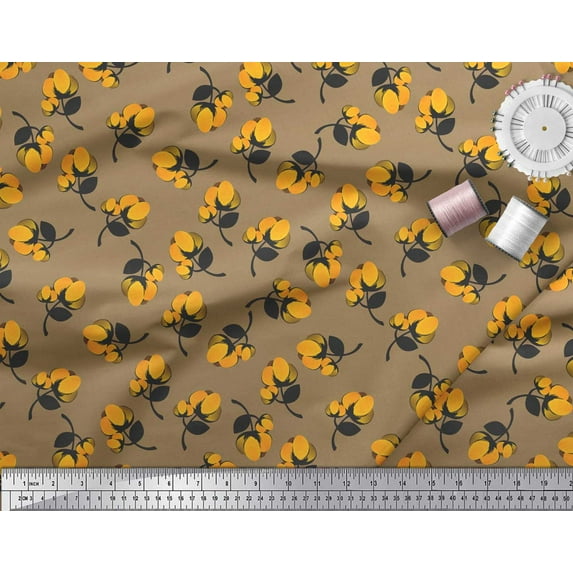 Soimoi Brown Rayon Fabric Leaves & Floral Clip Art Print Fabric by the Yard 56 Inch Wide