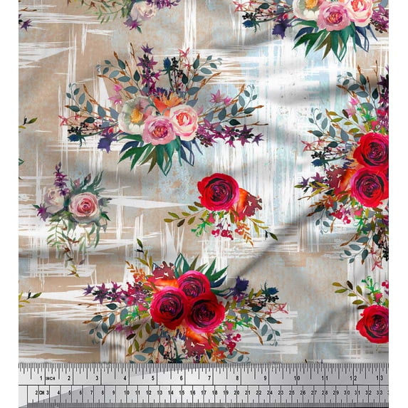 Soimoi Brown Rayon Fabric Leaves & Ranunculus Floral Printed Fabric 1 Yard 42 Inch Wide
