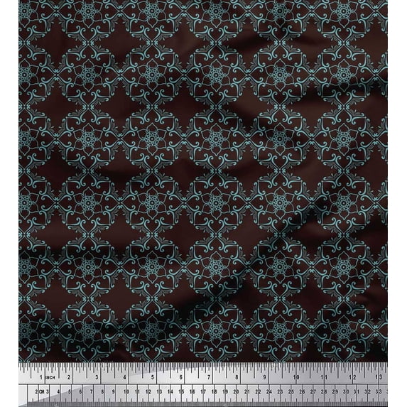 Soimoi Brown Silk Fabric Artistic Flower Damask Printed Fabric 1 Yard 42 Inch Wide