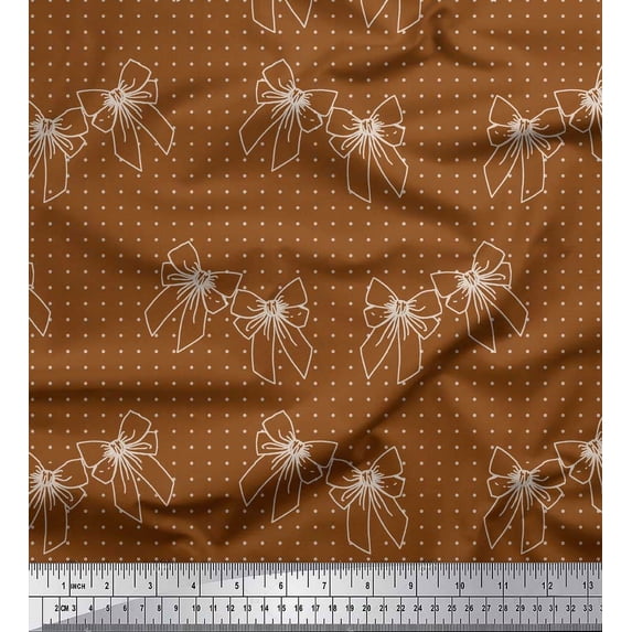Soimoi Brown Silk Fabric Bow & Dots Printed Fabric 1 Yard 42 Inch Wide