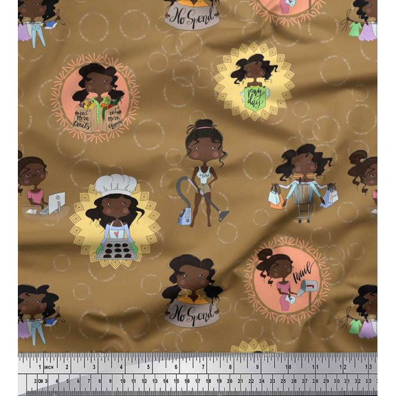 Soimoi Brown Silk Fabric Circle,Cook & Working Girl Print Fabric by the Yard 42 Inch Wide