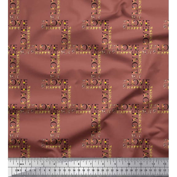 Soimoi Brown Silk Fabric Floral Alphabet Text Printed Fabric 1 Yard 42 Inch Wide