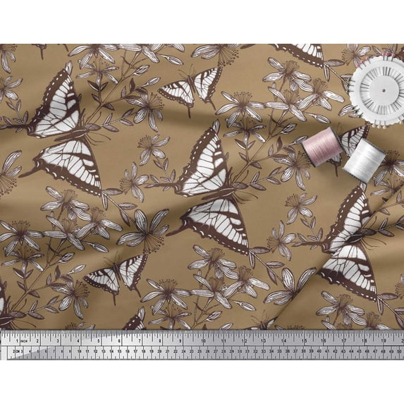 Soimoi Brown Silk Fabric Flower & Butterfly Print Sewing Fabric BTY 42 Inch Wide