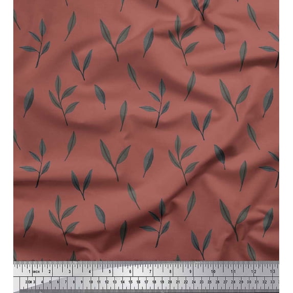 Soimoi Brown Silk Fabric Leaves Printed Fabric 1 Yard 42 Inch Wide